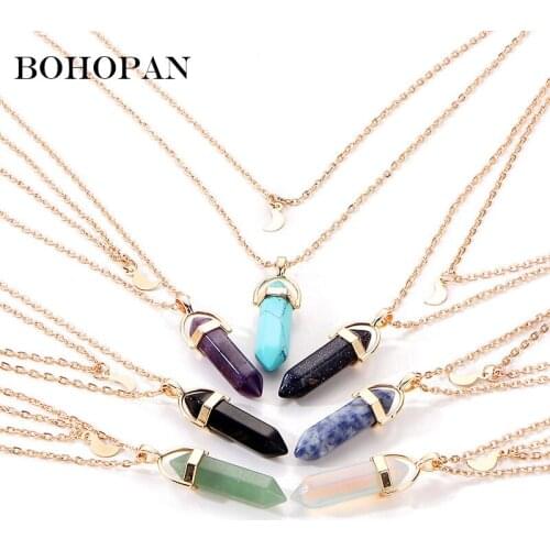 Natural Stone Pendants Necklace Women Double layer Metal Moon Chain Choker Necklace Crystal Gem Statement Jewelry collier 2018
