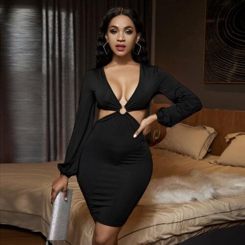 2021 New Style Ladies Sexy V-neck Slim Dress Summer Autumn Women Temperament Solid Color Waist Hollow Long Sleeve Middle Dress