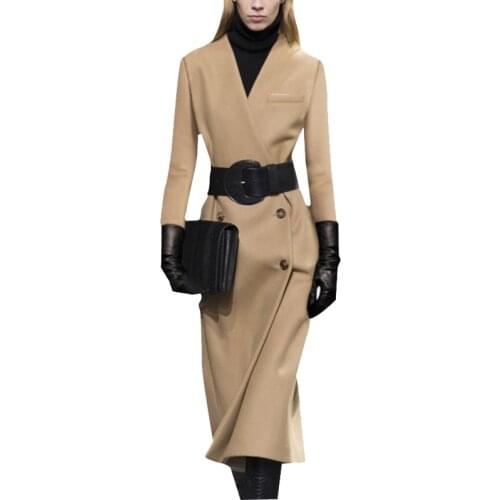 2018 New Women Winter Wool Coat Fashion V-Neck Long Sleeve Sheath Coat With Belt J9209