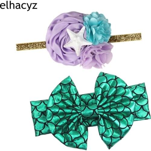 2Pcs/set Baby Mermaid Starfish Elastic Headband Girls Glitter Metallic Hair Bow Hairband Party Head Wear Kids Hair Accessories