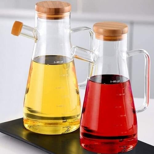 Glass Oiler With Bamboo Lid Oil Vinegar Bottle Milk Pot Borosilicate Glass With Bamboo Lid Tableware Sets Sauce Water Bowl Creamer 2 Pcs