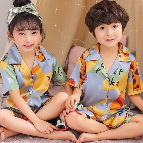 3-14yrs Children Pajamas Set Silk Kids Nightwear Suit Summer Satin Girls Sleepwear Pijama Baby Boy Clothes Suit Tracksuir Lounge