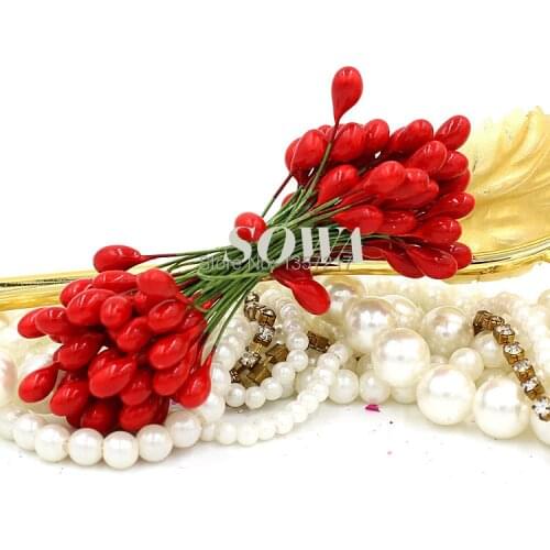 Free shipping Eco-friendly 100pcs/Lot 8mm Xmas Red Double Heads Pearl Stamen For Christmas Flower Wreath And Garland