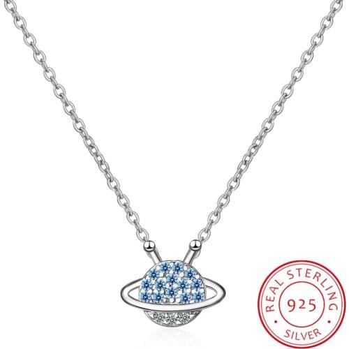 Fashion Silver 925 Jewelry Space Planet Necklaces Chain Cubic Zirconia Chokers Pendant Necklace for Women Party Collar
