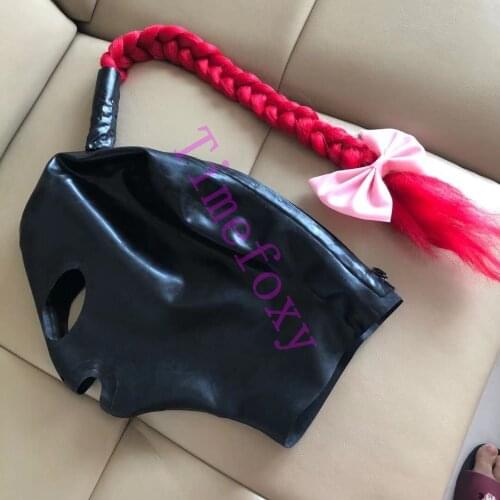 Black Latex Hood Mask Rubber fetish hood pigtail party gears with Zipper on Back Costumes Accessories for Party halloween