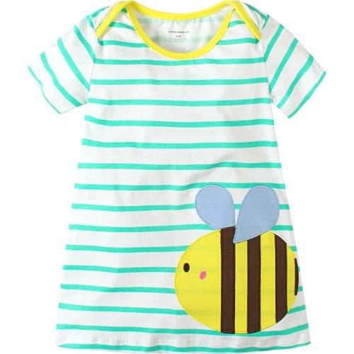 Summer Baby Girls Dresses Kids Striped Dress Cute Animal Patches Embroidery Cotton Children Clothes 18 mth-6 yrs