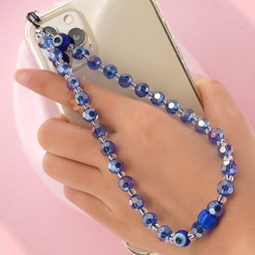 Go2Boho Phone Case Chain Strap Mobile Lanyard Charm Evil Eye Chain Transparent Blue Color Crystal Beaded Telephone Jewelry