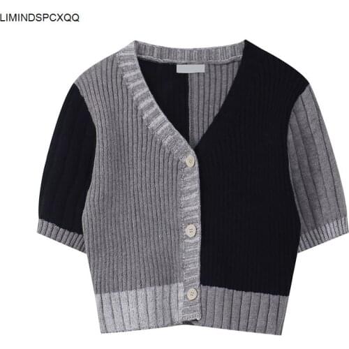 Korean Style O-neck Short Knitted Sweaters Women Thin Cardigan Button Up 2021 Summer Casual Fashion Patchwork Crop Top Female