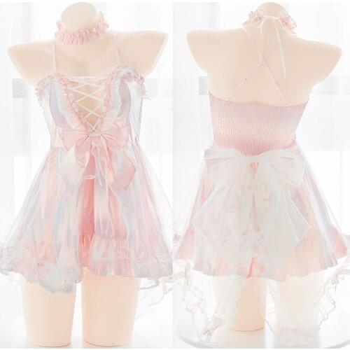 Lilicochan Cosplay Costumes Mermaid Dress Shiny Laser Pink Kawaii Outfit Sexy Hollow Out Chest Sleeveless Lolita Lingerie 2021
