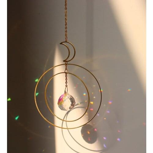 Moon Sun Light Catcher Windchimes moon and Hoops+ Rainbow Crystal Hanging Car Prism Crystal Handmade Wind Chime Home Decor