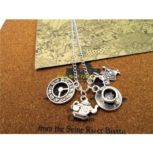 Fashion Alice in Wonderland necklace Teapot with teacup Clock rabbit Charm Pendant necklace