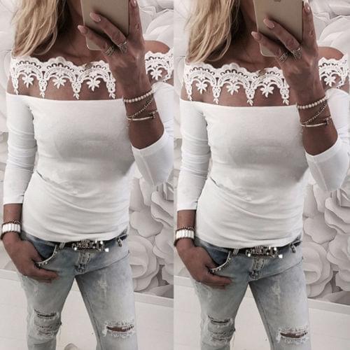 Fashion Women Casual loose Long Sleeve Off shoulder Tops Lace T-shirt Off Shoulder Lace Slash Neck T Shirt Top