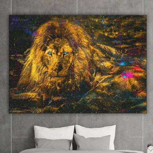 Golden lion wall hanging art, African lion resting painting, animal wall art, new home gift decoration poster for lion lovers