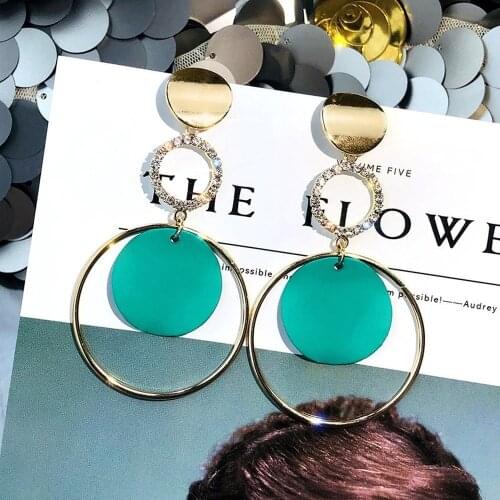 New Fashion Lady Simple Blue Round Hollow Pendant Earrings Geometric Exaggerated Metal Square Punk Dangle Earrings Jewelry