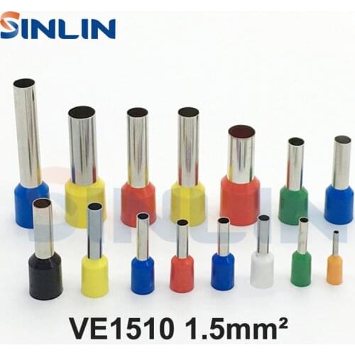 1000pcs/lot Crimp Terminal VE1510 tube pre insulating terminal Bootlace Ferrules AWG16 1.5mm^2 Brass Lead lengrh 10mm