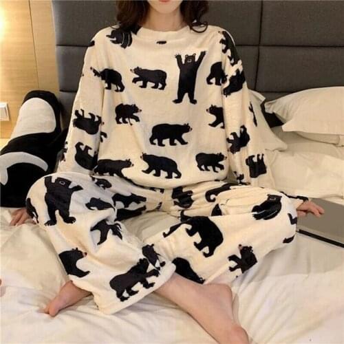 2021 Autumn Winter Pajamas Set Women Sleepwear Sets Shirt & Pant Warm Flannel Women sets Female Cartoon Bear Animal Pijamas