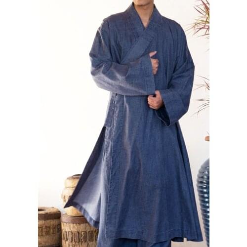 Unisex Autumn&Spring Blue buddhism Cotton&linen monk suits lay meditation robe gown kung fu uniforms martial arts zen gown