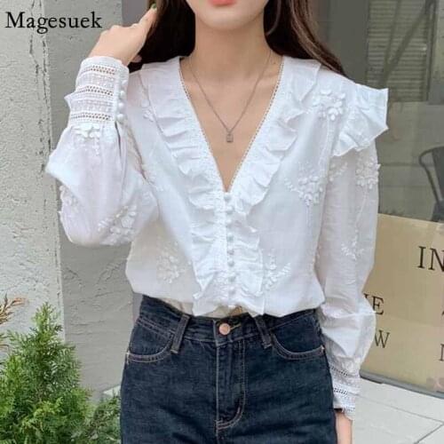 Autumn Long Sleeve Womens Shirts Elegant Flower Stitching Ruffle Blouse with Lace New V Neck Hollow Out Women Tops Blusas 16497