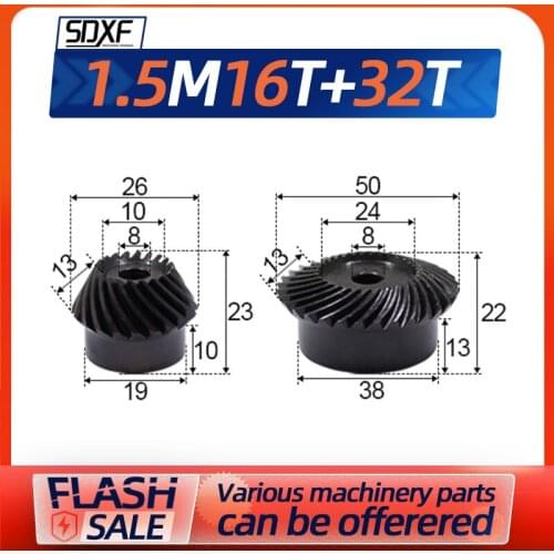 Two pieces, spiral bevel gear 1.5M16T+32T, precision spiral bevel gear, need to be processed and fixed by yourself