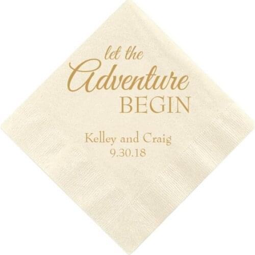 Let The Adventure Begins - Personalized Wedding Napkins, Rehearsal Dinner, Engagement Party, Custom Bar Napkins, Custom Napkins
