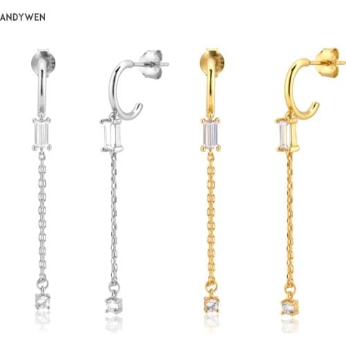 ANDYWEN 925 Sterling Silver Clear Zircon Drop Earring Chains Luxury CZ Ctystal Piercing Ohrringe Pendientes Rock Punk Fashion