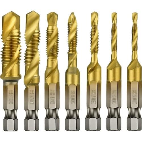 TOP 7Pcs 1/4Inch Hex Shank Titanium Combination Drill and Tap Set Metric Thread HSS M3-M10 Screw Tapping Bit Tool