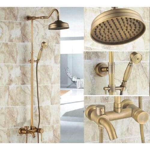 Vintage Retro Antique Brass Single Handle Lever Bathroom 8 Inch Round Rain Shower Faucet Set Tub Mixer Tap Hand Shower mrs223