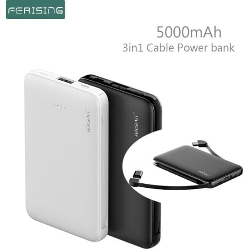 FERISING With built in Cable Power Bank 5000mAh USB Type C Portable Charger PowerBank External Battery Charge For iPhone Xiaomi