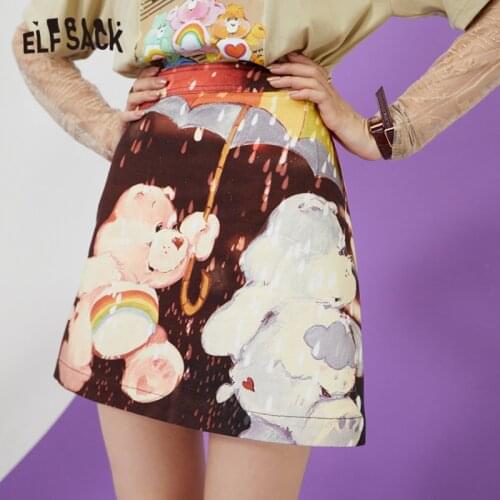 ELFSACK Bear Cartoon Print High Waist Casual Women Mini Skirts,2021 Summer Vintage Sexy Ladies Daily Graphic Bottom