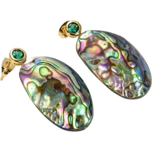 GG Jewelry Natural Abalone Shell freeform Green Cubic Zirconia pave Stud Earrings vintage style for women