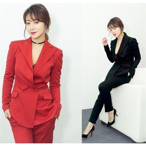 Spring summer Business Women 2 Piece interview suit set uniform Long-sleeved Blazer and Pencil Pant Office Lady suits TB199
