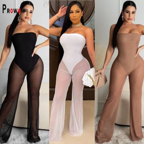 Prowow Sexy Mesh Women Jumpsuits 2021 New Summer Sleeveless Solid Color One Piece Romper Wide Leg Female Streetwear Outfits