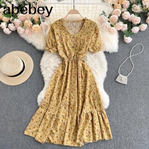 Women Bohemian Floral Dress Korean Sweet Puff Sleeve V Neck A-line Dresses Summer Fashion Streetwear Print Midi Dress