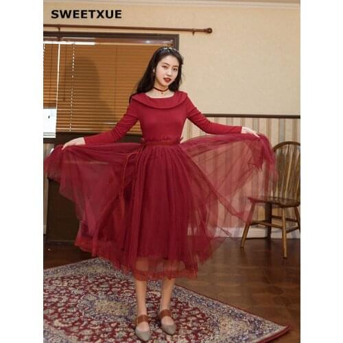 SWEETXUE Slash Neck Knitted Mesh Stitching Party Dresses 2020 Womens Red High Waist Long Sleeves Long Chic Dress Lady