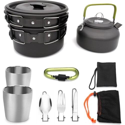 1 Set Outdoor Pots Pans Camping Cookware Picnic Cooking Set Non-stick Tableware With Foldable Spoon Fork Knife Kettle Cup