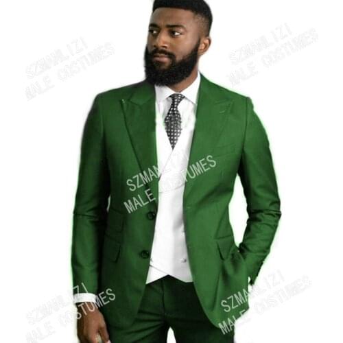 2021 Green Men Suits for Wedding Groom Tuxedo Best Men Blazers Peaked Lapel Groomsmen Terno Slim Fit 3 Pieces Costume Homme