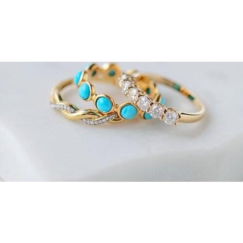 3 PCS/Set Turquoise Diamond Combination Ring Set For Women Wedding Jewelry European and American Style Hand Accessories