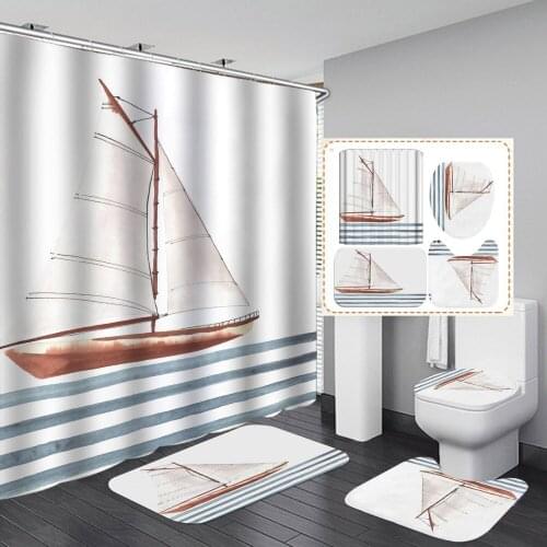 White Ship Sail Shower Curtain Sea Simple Scenery With Non Slip Rug Mat Bathroom Curtain Waterproof Polyester Home Decor 180cm