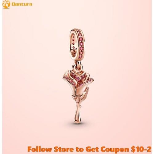 Danturn 925 Sterling Silver Rose Flower Dangle Charm Fit Original Pandora Bracelets for Women Jewelry Gift