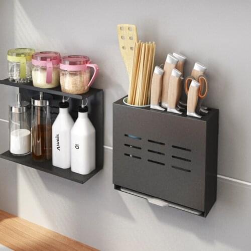 Black 304 Stainless Steel Wall Mounted Kitchen Knives Holder Cutlery Storage Rack Spice Seasoning Container Organizer