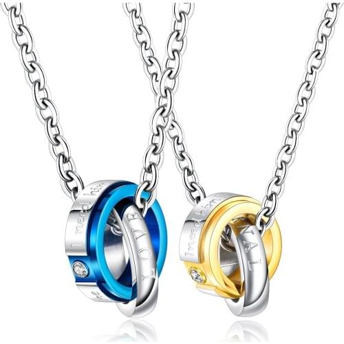 Valentine Jewelry Wholesale Fashion Stainless Steel Double Ring Diamond Pendant Titanium Steel Lovers Couple Necklace Party Gift
