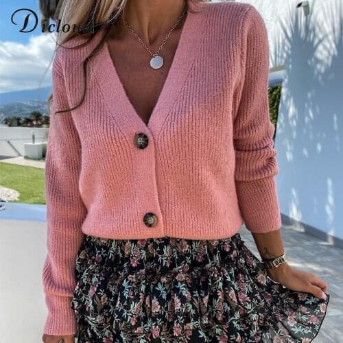 DICLOUD Cardigans For Women V Neck Pink Long Sleeve Knitted Elegant New Autumn Warm Sweater 2021 Fashion Ladies Solid Clothes