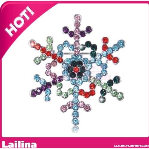 Hot Sales 100pcs/lot Winter Snowflake Multicolor Crystal Brooch Pin For Christmas Gift