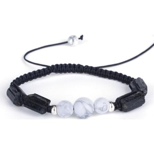 Healing Rough Tourmaline Semi Precious Mineral Stone Charm White Howlite Adjustable Macrame Bracelet for Unisex Women Man 2020