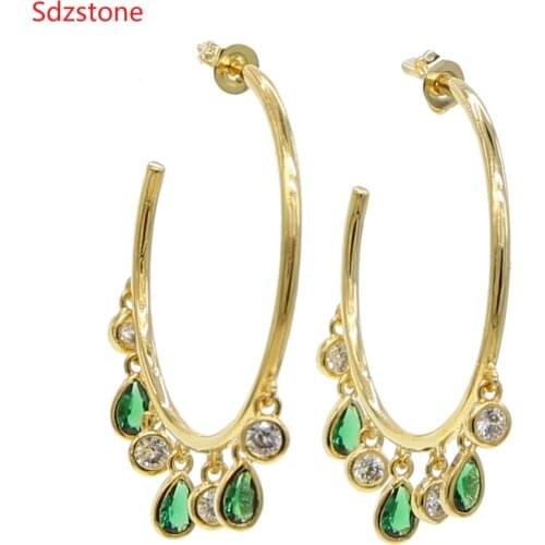 33mm round Gold Color Earrings Green Water Drop CZ Stone Pierced Dangle Earrings Women Girls Long Drop Earrings fashion jewelry
