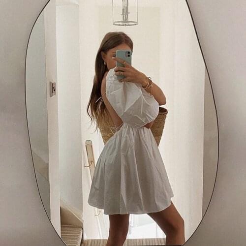 LIYONG Solid White Backless Mini Dress Women Puff Sleeves Square Collar Sexy Dresses Summer Loose High Waist Casual Dresses