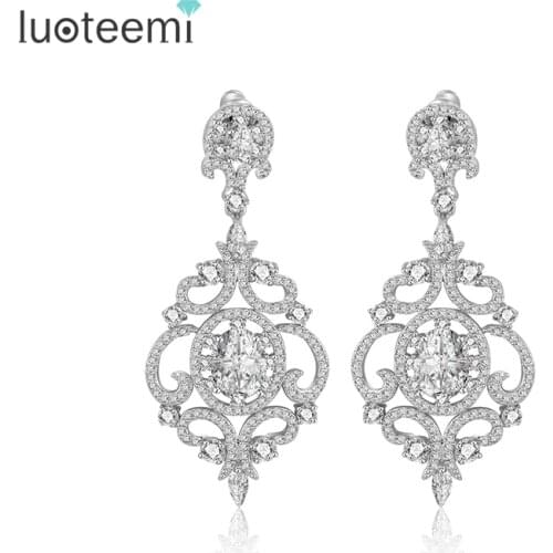 LUOTEEMI New Style Statement Luxurious Big Dangle Micro Paved CZ Crystal Flower Drop Earrings for Women Bridal Wedding Brincos