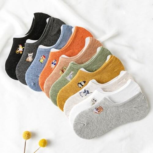Cute Embroidery Pattern Women No Show Socks Funny Animals Lion Panda Rabbit Solid Color Invisible Cotton Socks 1 Pack