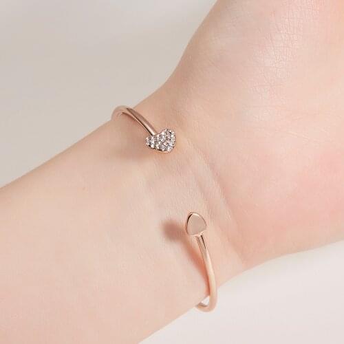 Fashion Heart Gold Color Women Bracelets & Bangles Open Cuff Design Crystal Bracelet Luxury Rose Gold Wedding Jewelry for Bridal