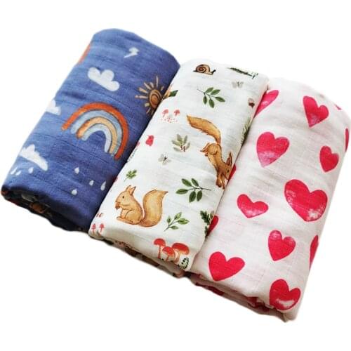 Muslin Two layer Bamboo+cotton Squirrel Fruit pattern Baby wrap muslin swaddle Newborn Blankets